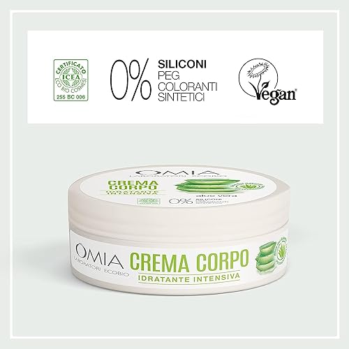 Omia - Crema Corpo Eco Bio con Aloe Vera del Salento, Crema Idratante, Lenitiva e Rinfrescante, Ideale per Pelli Secche, Non Unge, Dermatologicamente Testato - Flacone da 200 ml
