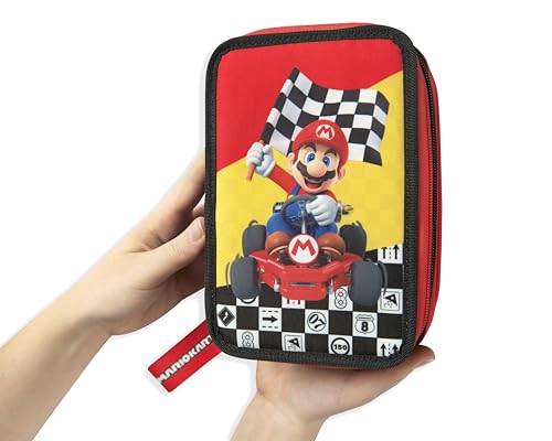 MARIO KART- Astuccio Scuola Ufficiale Mario Kart, Astuccio 3 Scomparti Bambino e Bambina con Set Cancelleria, Penna Cancellabile Blu Frixion e Pratica Chiusura a Zip, 20x13Hx7 cm