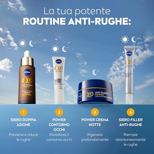 NIVEA Q10 Anti-Rughe Power Crema Viso Notte Extra Rigenerante 50 ml, Crema viso antirughe e idratante, Crema viso Acido Ialuronico, Coenzima Q10 e Creatina per un doppio booster di collagene
