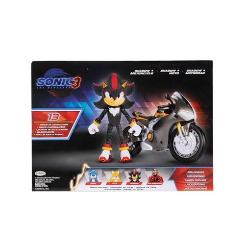 Sonic 3 Movie - Personaggio di Shadow con Motocicletta, Action Figure articolata in scala 13 cm, 13 Punti di Articolazione, motocicletta con Ruote Mobili e Cavalletto Funzionante ispirata al film