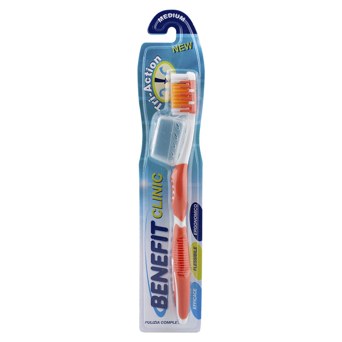 Benefit Clinic Spazzolino Medium Tri-Action, 3 Azioni in 1, Efficace, Flessibile, Ergonomico, Pulizia Completa, Manico Anatomico Antiscivolo - 1 Unità Bianco
