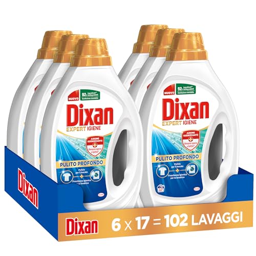Dixan Liquido Expert Igiene Detersivo Lavatrice (6 confezioni, totale lavaggi 102), Per una pulizia profonda del bucato e freschezza igienica per la lavatrice, Rimuove le macchie da 20°C.