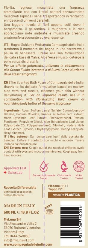 Compagnia delle Indie - Bagnoschiuma - Bagnoschiuma Donna - Bagnoschiuma Uomo - Bagno Schiuma per Pelli Sensibili - Formato 500 ml - Fatti Coccolare dalle Nostre Ricercate Fragranze