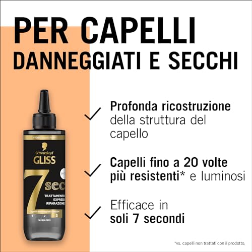 Schwarzkopf Gliss 7 Sec Trattamento Express Riparazione 200ml, Trattamento capelli con Keratina Liquida ed Estratto di Perla Nera, Trattamento alla Cheratina per capelli danneggiati e secchi
