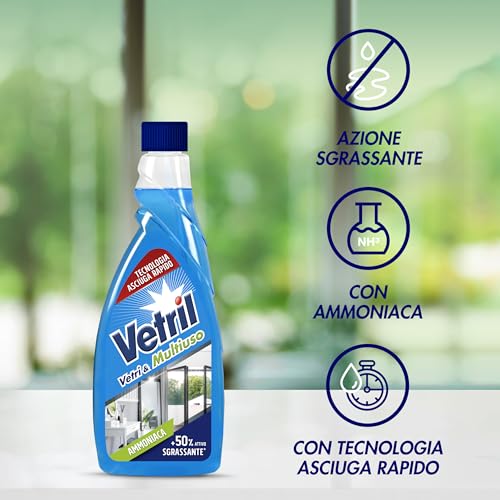 Vetril - Ricarica per Detergente Spray Vetri e Multiuso con Ammoniaca, Azione Sgrassante e Tecnologia Asciuga Rapido, in Ecoflacone, 650 ml x 12 Pezzi
