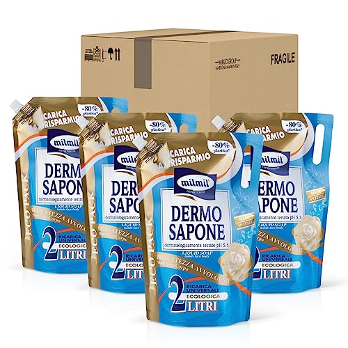 Milmil Sapone Liquido Piccoli Frutti, Fragranza Amarena & Lampone, Formato Ricarica Busta, Sapone Mani, Viso e Corpo, Dermatologicamente Testato - 5 x 900 ML