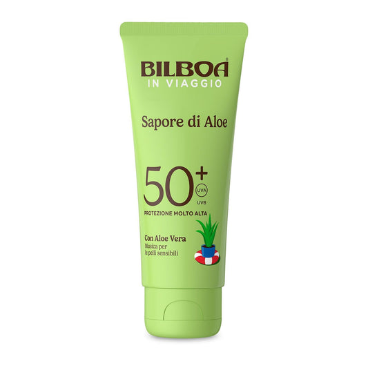 Bilboa In Viaggio, Sapore di Aloe Crema Solare SPF 50+, Con Aloe Vera, Musica per Pelli Sensibili, Resistente all'Acqua, Dermatologicamente testata, 75 ml