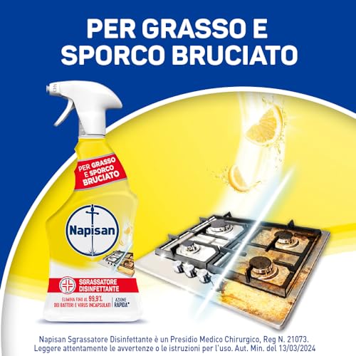 Napisan Spray Sgrassatore Disinfettante al Limone, Confezione da 12 pz da 740 ml di Sgrassatore Disinfettante, Spray da 740 ml