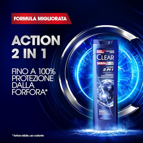 Clear Shampoo Action 2in1, Shampoo Antiforfora con Niacinamide ed Agenti Attivi Condizionanti, Shampoo Uomo Adatto per Uso Quotidiano, Fino a 100% Protezione dalla Forfora*, Formato 225ml