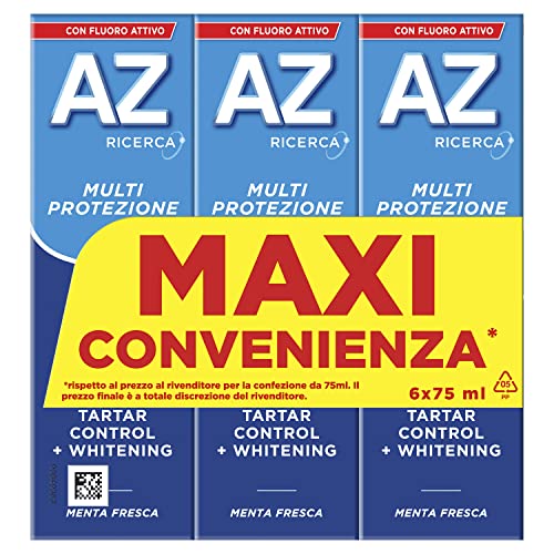 Dentifricio AZ Multi Protezione Tartaro Control, con Azione Sbiancante, Previene il Tataro, Extra Freschezza, Rimuove le macchie superficiali, Maxi Formato da 6 Confezioni X 75ml