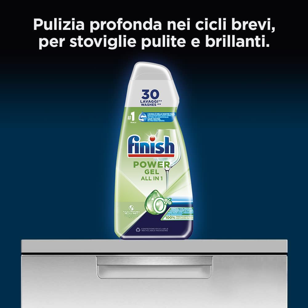 Finish Powergel Detersivo Lavastoviglie 0%, Gel Lavastoviglie, 30 Lavaggi di Liquido Lavastoviglie contro lo Sporco Ostinato