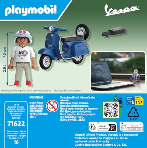 PLAYMOBIL Cars 71622 1969 Vespa 150 Sprint Veloce, blu, modello fedele per collezionisti e appassionati, comprende accessori versatili e ruota di ricambio removibile