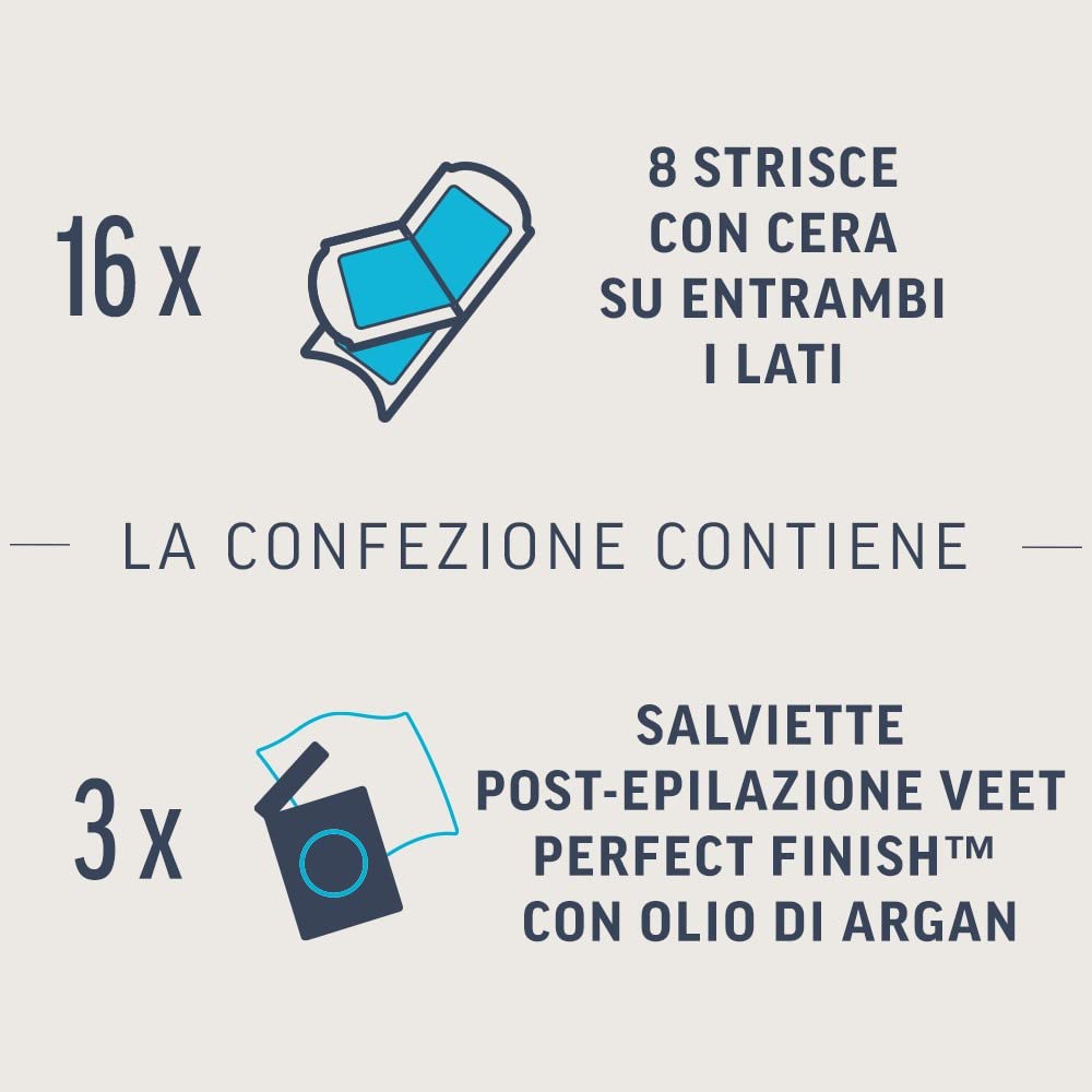 Veet Expert Strisce Depilatorie Ascelle e Zona Bikini, Ceretta per Pelli Sensibili con Olio di Mandorla, Dermatologicamente Testate, 16 Strisce (8x2 Strisce) + 3 Salviette Post-Epilazione