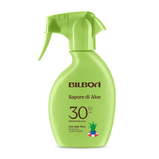 Bilboa Sapore di Aloe Trigger Solare SPF 30, con Aloe Vera, Musica per le Pelli Sensibili, Resistente all'Acqua, Dermatologicamente Testato - 250 ml