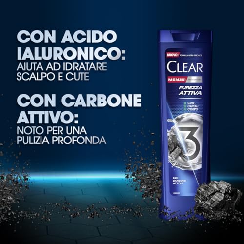 Clear Shampoo Purezza Attiva 3in1, Shampoo Antiforfora con Carbone Attivo e Acido Ialuronico per Capelli, Cute e Corpo, Shampoo Uomo, Fino a 100% Protezione dalla Forfora*, Formato 225ml