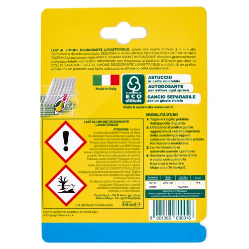 Last al Limone, Deodorante Lavastoviglie al Limone, Neutralizza i Cattivi Odori, Estratti Naturali di Agrumi, 140 Lavaggi in Totale, Due Deodoranti da 6 + 6 ml