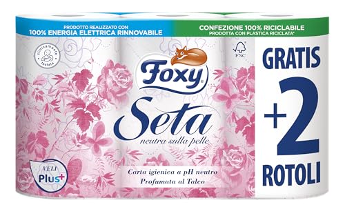 10PZ CARTA IGIENICA FOXY SETA DELICATA 2 VELI PROFUMATA AL TALCO MODELLO 4 PIÙ 2 ROTOLI 60