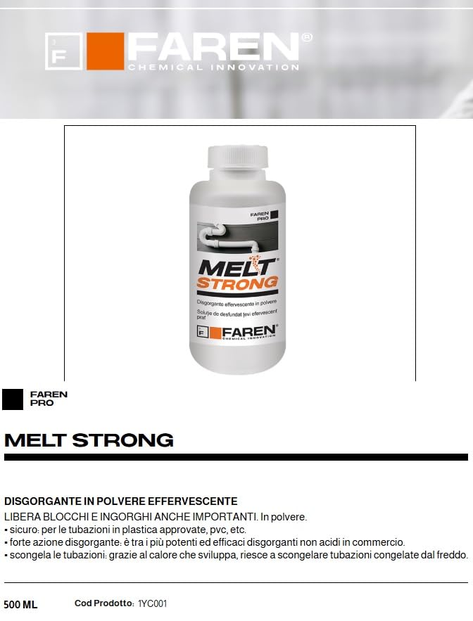 Faren MELT STRONG, Disgorgante Granulare Effervescente,Stura Wc Lavandino,Elimina i cattivi odori, 600gr