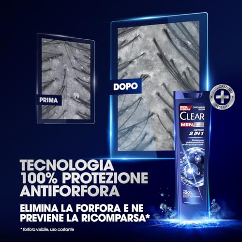 Clear Shampoo Action 2in1, Shampoo Antiforfora con Niacinamide ed Agenti Attivi Condizionanti, Shampoo Uomo Adatto per Uso Quotidiano, Fino a 100% Protezione dalla Forfora*, Formato 225ml