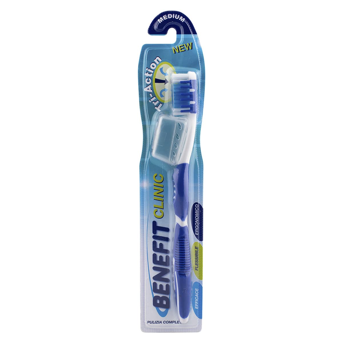 Benefit Clinic Spazzolino Medium Tri-Action, 3 Azioni in 1, Efficace, Flessibile, Ergonomico, Pulizia Completa, Manico Anatomico Antiscivolo - 1 Unità Bianco