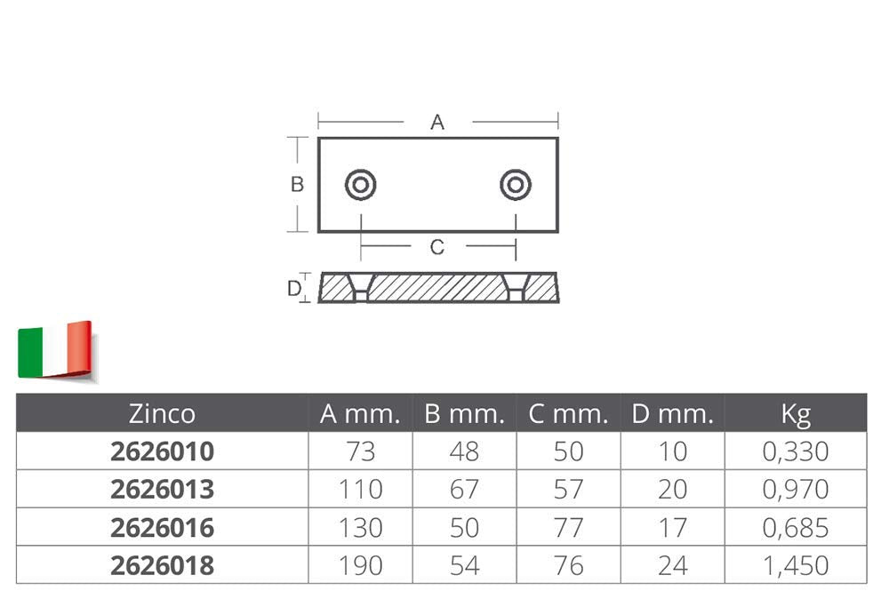 Forniture Nautiche Italiane ANODO Rettangolare 130x50x17
