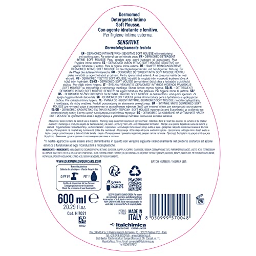 Dermomed Detergente Intimo Soft Mousse Sensitive con Agente Idratante e Lenitivo per l'Igiene Intima Esterna Deterge Delicatamente anche le Pelli Più Sensibili pH 4.5 Dispenser da 600 ml