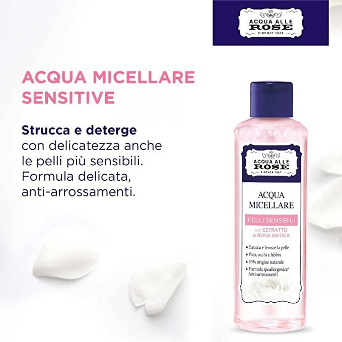Acqua alle Rose, Acqua Micellare Struccante Sensitive, Detergente Viso Pelli Delicate con Estratto di Rosa - Formula Anti-arrossamenti con Ingredienti Naturali - Senza Alcool e Parabeni - 200 ml
