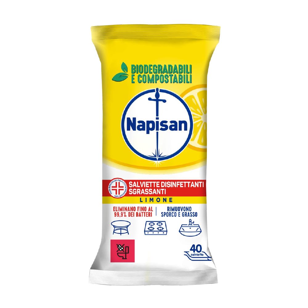 Napisan Salviette Disinfettanti Sgrassanti al Limone, Confezione da 8 Pacchi x 40 Salviette Disinfettanti Biodegradabili e Compostabili Multisuperfici