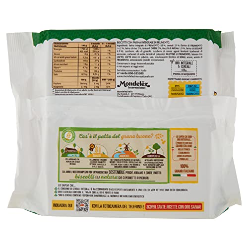 Oro Saiwa 5 Cereali, Biscotti Integrali con Frumento, Riso, Orzo, Avena e Segale, Fonte di Magnesio e Ricco di Fibre, 100% Grano Italiano, 420g