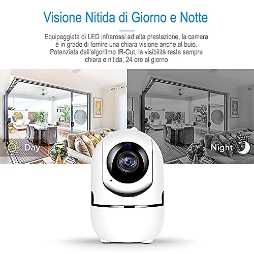Telecamera Motorizzata Wi-Fi, Mini videocamera sicurezza interno registratore 360 gradi, 1080P, ipcamera Infrarossi, Sensore di Movimento lunga distanza, Audio a due vie, Controllo neonato tramite app