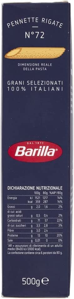 10x Barilla Pennette Rigate Italian Pasta No. 72. 500 g