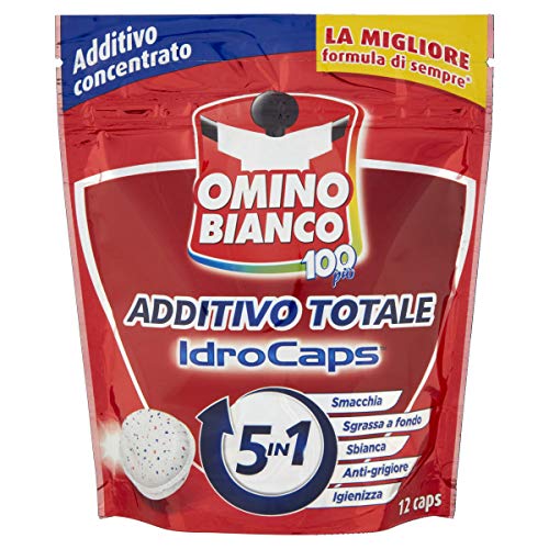 Omino Bianco - Additivo Lavatrice Totale 5 Azioni in 1 Idrocaps, Capsule Idrosolubili per Bucato, Azione Smacchiante e Igienizzante, 12 Caps
