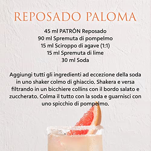 PATRÓN Reposado Premium Tequila, Vol. 40%, 70 cl / 700 ml, creata in Messico in piccoli lotti a partire dal 100% della migliore agave Weber Blue, invecchiata per oltre 2 mesi in botti di rovere