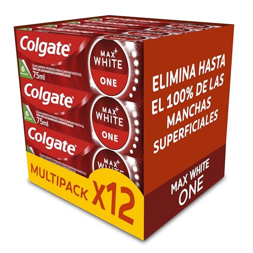Colgate Max White One Dentifricio 12 x 75 ml, formula clinicamente testata, rimuove fino al 100% delle macchie superficiali, denti 1 tono più bianco in 1 settimana