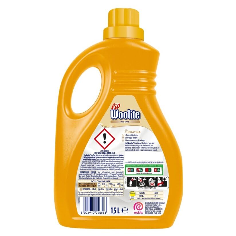 Lip Woolite Detersivo Lavatrice Pro-Care 25 Lavaggi, 4 confezioni da 1500 ml di Detersivo Lavatrice Liquido Pro-Care con Cheratina