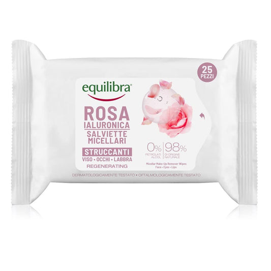 Equilibra Viso, Rosa Ialuronica Salviette Micellari Struccanti, in Tessuto con Acqua di Rosa Fermentata, Acido Ialuronico e Glicerina Vegetale, Struccano con Delicatezza, 25 pz