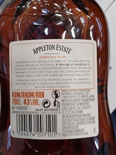 Appleton Estate - 8 anni Riserva: Rum Giamaicano Invecchiato Minimo 8 Anni Con Note di Melassa, Miele e Nocciole, 43% Vol, Bottiglia in Vetro da 70 cl