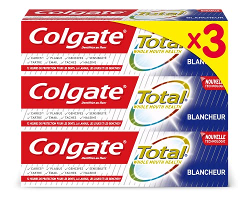 Colgate - Dentifricio totale bianchezza, elimina la placca dentale e le attività sulla superficie dei denti 12 ore di protezione sui denti, lingua, gengive 75 ml lotto 3, (lotto 3)