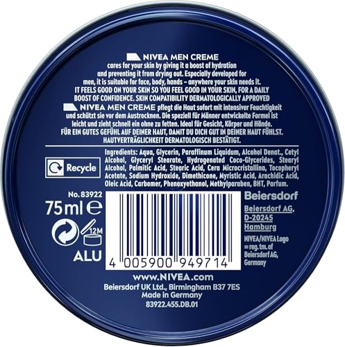 NIVEA MEN Creme Crema Idratante Uomo da 75 ml, Crema Multiuso per Corpo, Mani e Viso a Rapido Assorbimento, Crema Idratante Appositamente Studiata per la Pelle dell'Uomo
