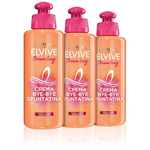 L'Oréal Paris Elvive Dream Long - Crema Capelli Senza Risciacquo Bye-Bye Spuntatina per Capelli Lunghi Danneggiati, 200 ml - 3 Confezioni da 1 Pezzo