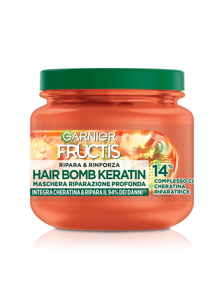 Garnier Fructis, Maschera Rimpolpante, Per Tutti i Capelli Danneggiati, Riparazione Profonda, Per Capelli Più Forti, Con Olio di Marula e Cheratina, Hair Bomb Keratin, Ripara&Rinforza, 320 ml