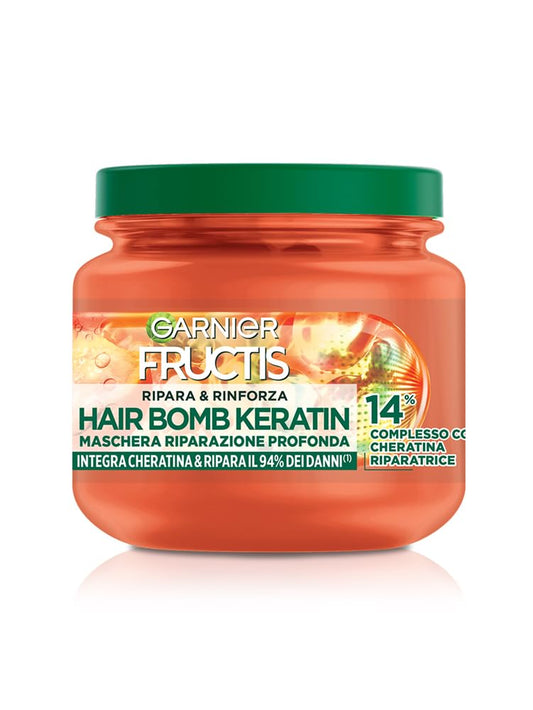 Garnier Fructis, Maschera Rimpolpante, Per Tutti i Capelli Danneggiati, Riparazione Profonda, Per Capelli Più Forti, Con Olio di Marula e Cheratina, Hair Bomb Keratin, Ripara&Rinforza, 320 ml