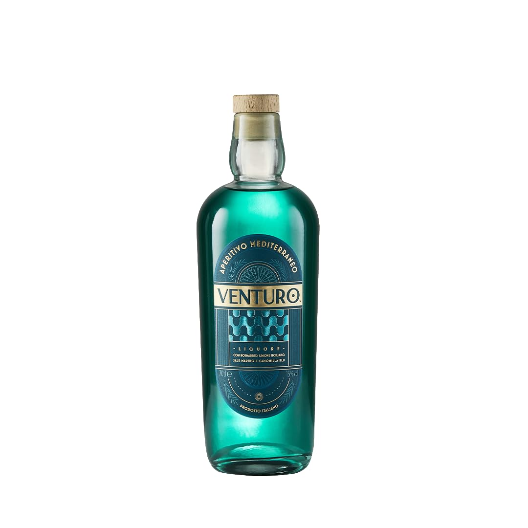 Venturo Aperitivo Mediterraneo Liquore, con Rosmarino, Limone Siciliano, Sale Marino e Camomilla Blu, 15% vol, 70cl
