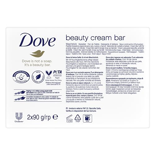 Dove Pastiglia detergente per uso quotidiano originale con 1/4 di crema idratante che lascia la pelle morbida, 2 x 90 g