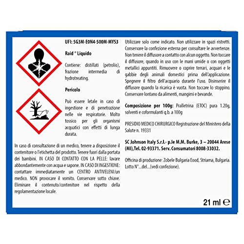 Raid Liquido Elettrico Antizanzare Contro Zanzare Comuni e Tigre, Confezione da 1 Base e 1 Ricarica 21 ml, 30 Notti