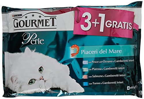 Purina Gourmet Perle Piaceri del Mare Umido Gatti con Salmone, Platessa, Tonno e Pesce dell'Oceano, 4 buste da 85g