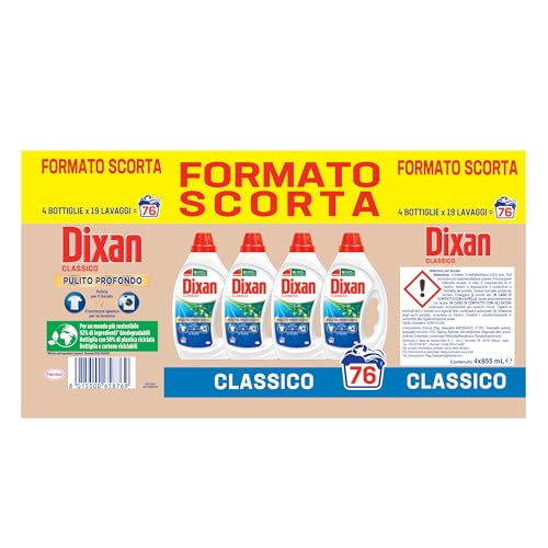 Dixan Liquido Classico Detersivo Lavatrice Formato Scorta (4 x 19 Lavaggi), Detersivo liquido lavatrice per una pulizia del bucato e freschezza igienica per la lavatrice, Rimuove le macchie da 20°C