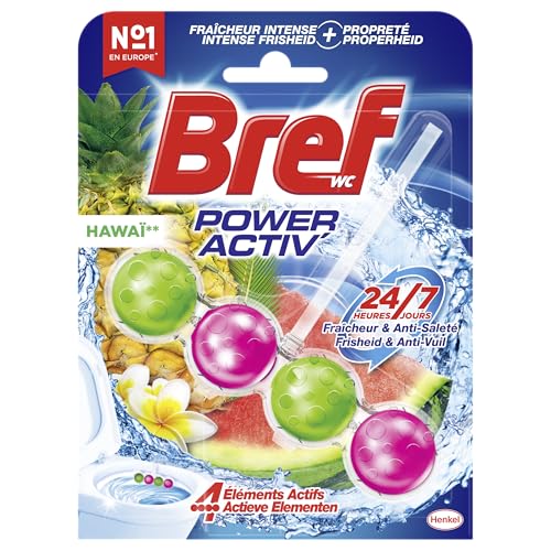 Bref Power Activ' - Blocco detergente per WC, esotico Hawaii, 1 blocco WC da 50 g, +50% anti-calcare, 4 elementi attivi, pulizia e freschezza