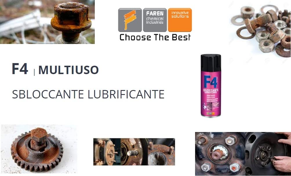 Faren F4, Sbloccante Lubrificante Multifunzione Spray,Penetrante, Idrorepelle, Anticorrosivo,ideale per bulloni, serrature,meccanismi da ruggine, ingranaggi etc., 400ml