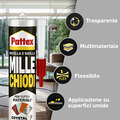 Pattex Mille Chiodi Crystal Adesivo Sigillante Ottimale per Vetri e Specchi, Adesivo di Montaggio di Qualità, Colla Potente per Molti Materiali, 1 Cartuccia da 290 g